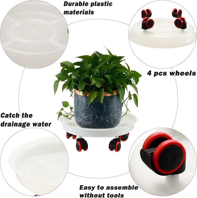 4 Packs 15.7 Inches Extra-Large Plant Caddy Plant Saucers on Wheels Rolling Plant Stands Heavy-duty Plant Dolly Plastic Planter Roller Base Pot Movers Outdoor Plant Tray Coaster, Clear white