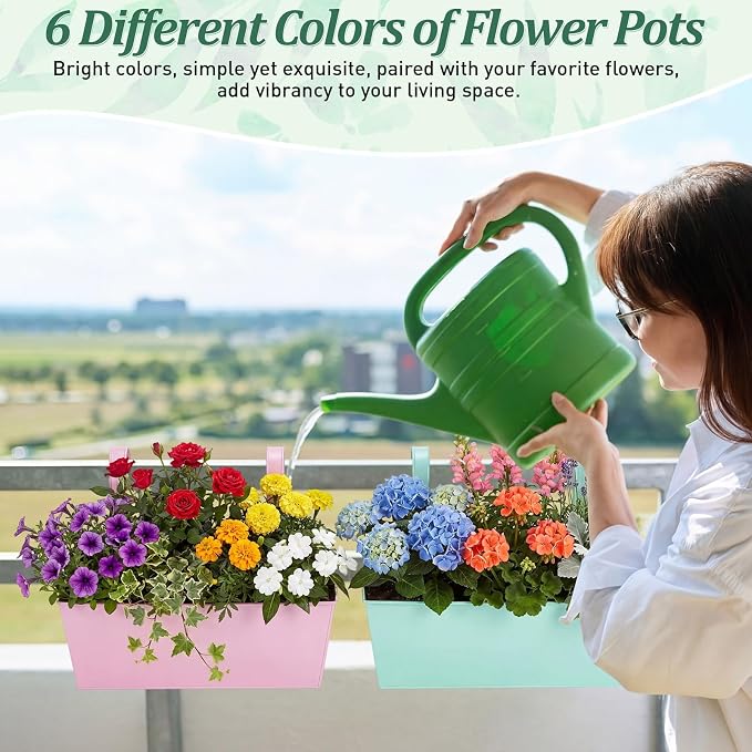 6 Pack Hanging Flower Pot Colorful Metal Iron Bucket Fence Hanging Planters with Detachable Hook Bucket Flower Holder for Railing Balcony Garden Yard Spring Decor (16.1 x 5.1 x 5.1 in,Square)