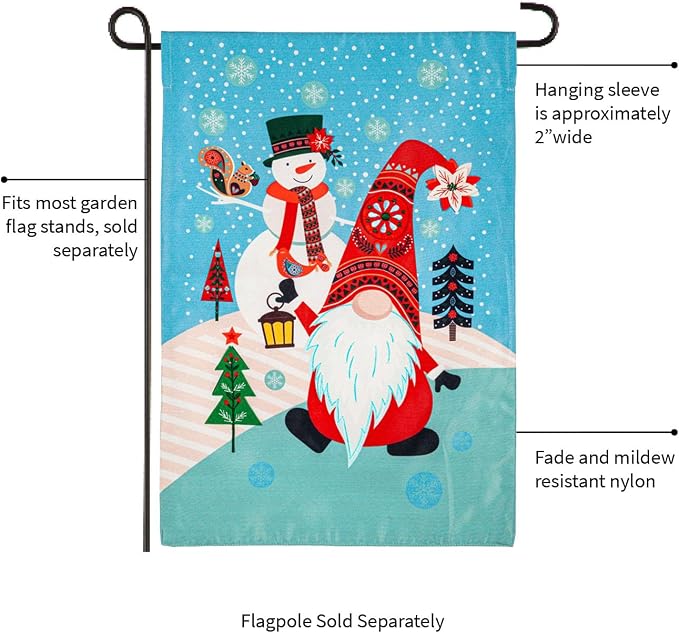 Evergreen Flag Gnome Snowman Applique Garden Flag | 12x18 Inches Double Sided Christmas Garden Flag for Outside | Outdoor Small Flag Décor for Home, Yards and Gardens