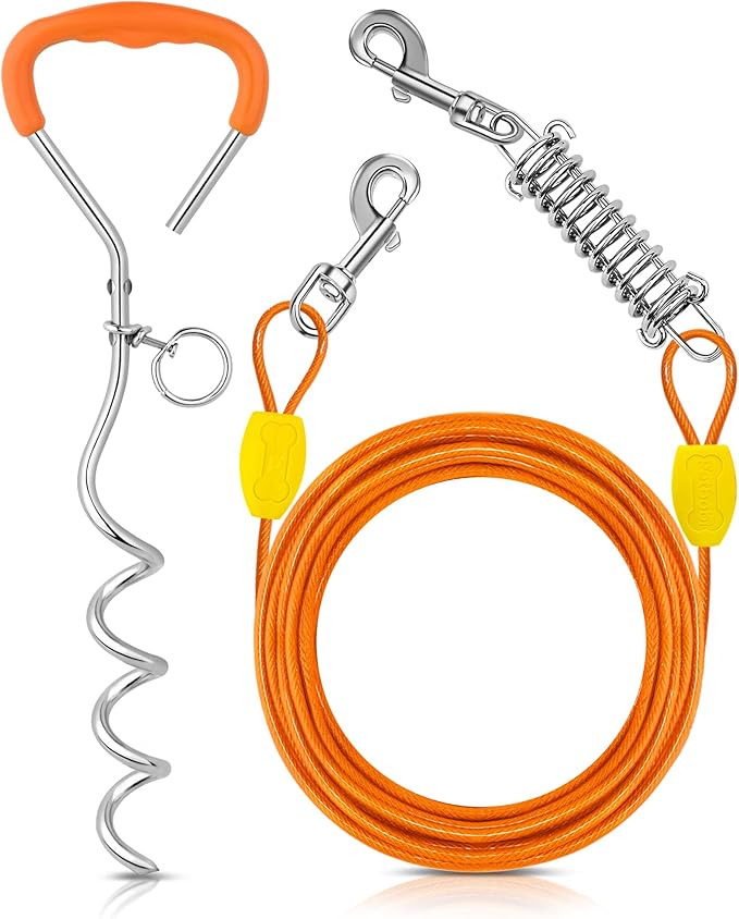 Petbobi Dog Tie-Out Cable and Stake - 10ft Heavy Duty Cable with Spring, No Tangle, 16in Ground Stake, Ideal for Outdoor Yard, Camping, Suitable for Small Medium Large Dogs Up to 120 lbs, Orange