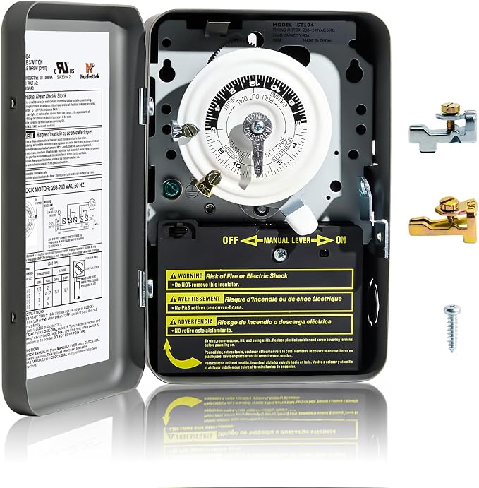 T104 24-Hour Mechanical Time Switch 40A DPST, for Pool Pumps, Water Heaters & Lighting, Metal Enclosure, Indoor Use Only