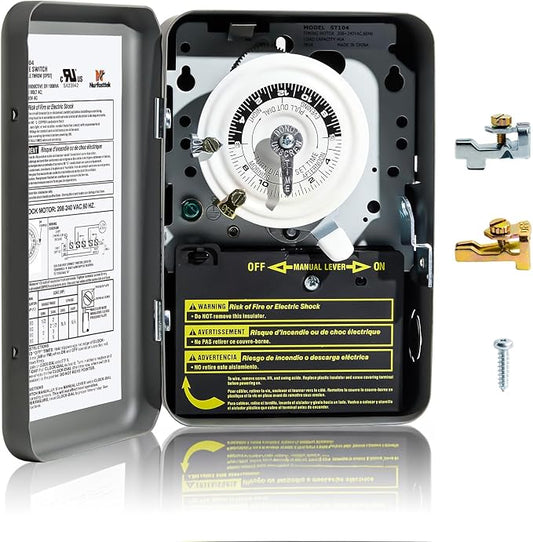 T104 24-Hour Mechanical Time Switch 40A DPST, for Pool Pumps, Water Heaters & Lighting, Metal Enclosure, Indoor Use Only