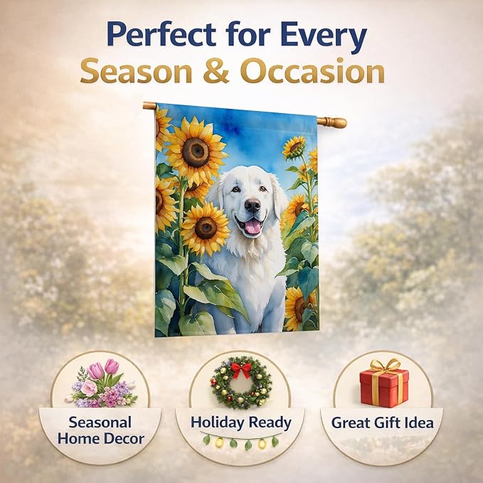 Caroline's Treasures DAC6108CHF Kuvasz in Sunflowers House Flag Large Porch Sleeve Pole Decorative Outside Yard Banner Artwork Wall Hanging, Polyester, House Size, Multicolor