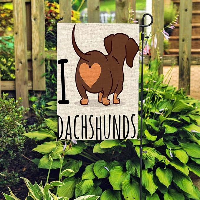 EMMTEEY Dachshund Art Garden Flag Double Sided Burlap Decoration 12.5x18 for Yard Outdoor Decor Garden Flag cute Dachshund Dog Cartoon Isolated on White Love Chocolate and Tan Wiener Sausage Rear