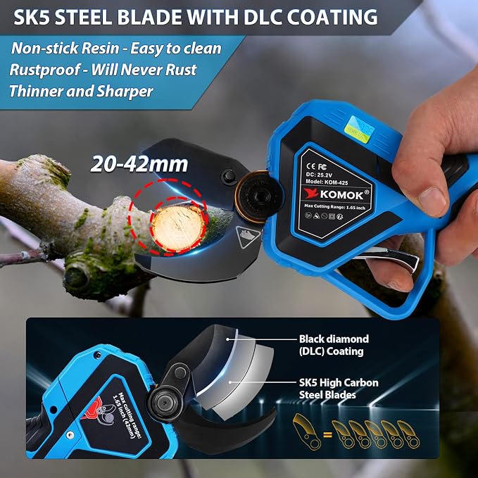 KOMOK Professional Cordless Electric Pruning Shears Secateurs, Smart Garden Orchard Tools 2 Rechargeable 2Ah Battery Tree Branch Pruner with Power Display 42mm/1.65", 8-10 Working Hours