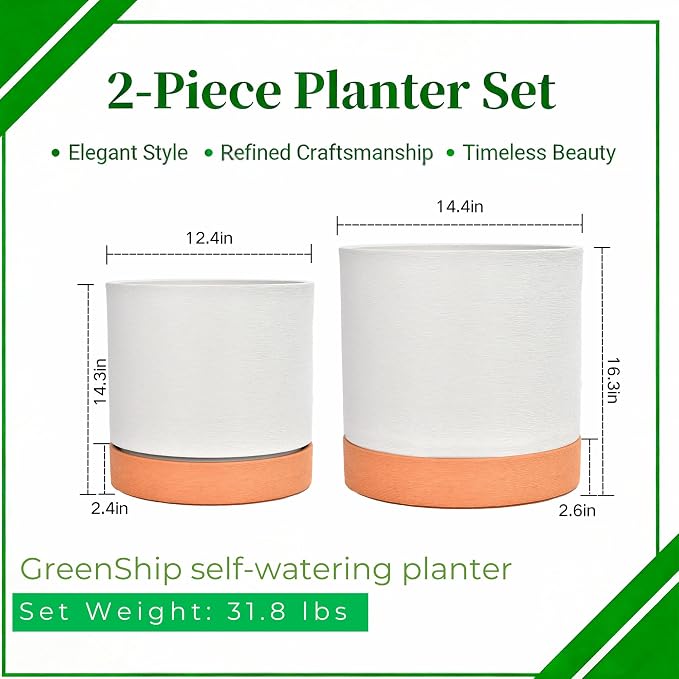 GreenShip Planter Set of 2 (13.7" & 11.8") – Cylinder Planters with Drainage Hole and Planter Saucer, Jun Porcelain Clay & Recycled Resin, Decorate Home,Office & Outdoor,White pots
