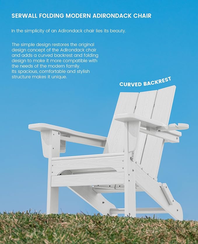 SERWALL Modern Folding Adirondack Chair Set of 6, Weather Resistant HDPE Outdoor Adirondack Chair with Cup Holders, Fire Pit Chairs for Patio Lawn Garden, White