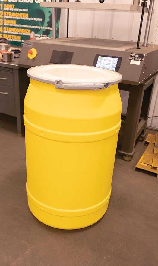 Eagle 55 Gallon Plastic Drum with Lid, Metal Lever-Lock, 36.4"x22.5", Open Head Lab Pack Drum Made of Durable, Lightweight HDPE, Withstands Weather and Chemicals, Made in USA, Yellow, 1656M