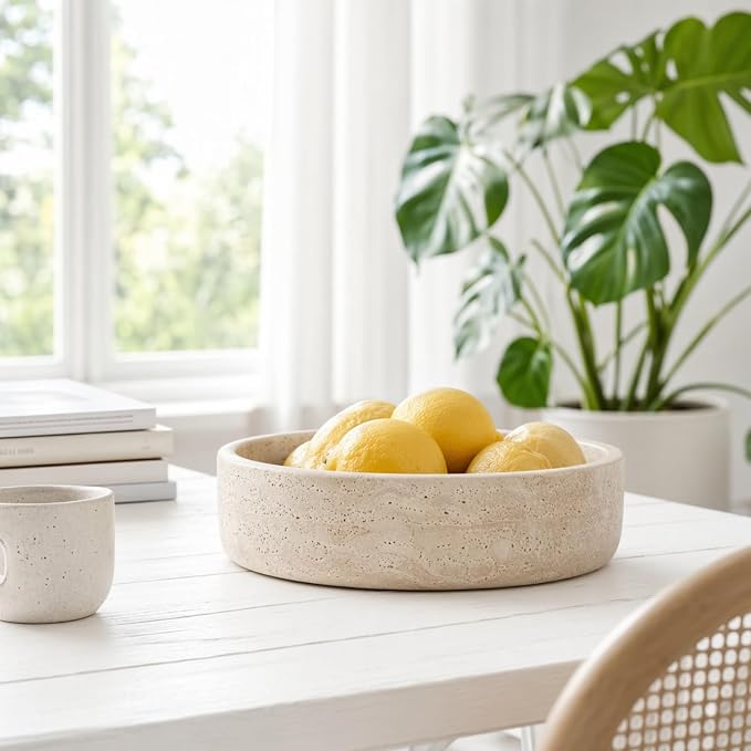 Natural Travertine Decorative Bowl 8",Fruit Bowl for Kitchen Counter & Natural Stone Centerpiece for Coffee Table Decor, For Kitchen Fruit Bowl, Key Holder for Entryway, Dining Table Centerpiece.