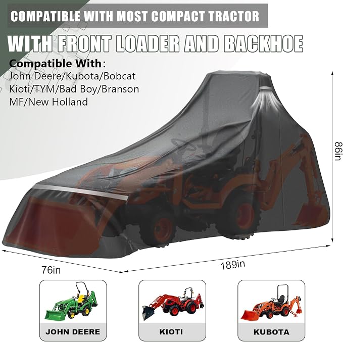 Waterproof Full Tractors Cover Replace for John Deere 1,2,3 Series 1025R 2320 2720 3520, Kubota with Backhoe, 600D Oxford Cloth Tractors Cover for Snow Rain Dust Protection