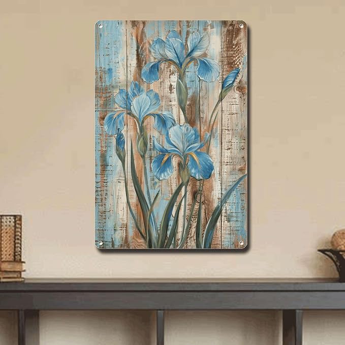 Metal Sign Tin Sign Vintage Wall Art Shabby Chic Irises Tin Sign for Rustic Wall Art Antique Artistry and Distressed Wood Surfaces Funny Bathroom Decor for Bar 8×12 Inches