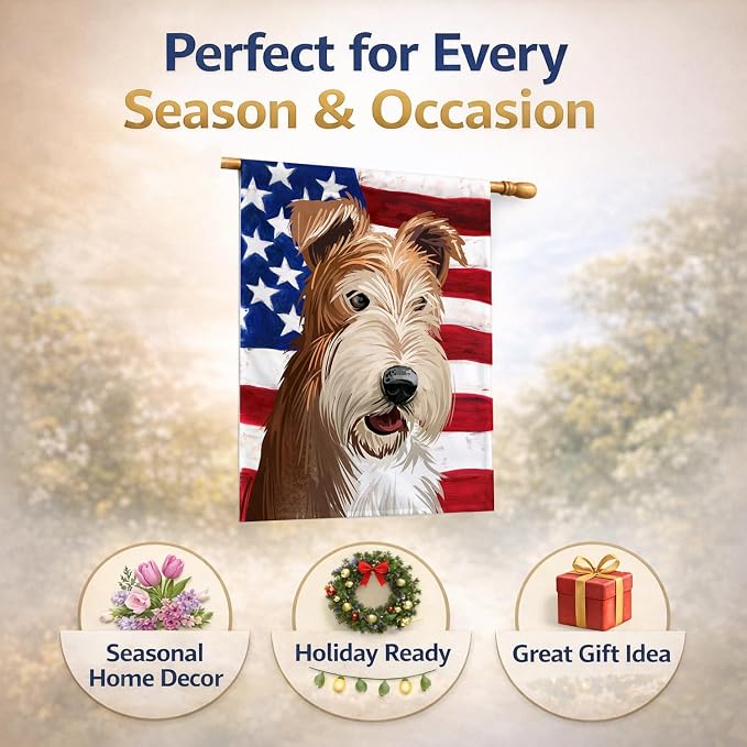 Caroline's Treasures CK6527CHF Fox Terrier Wire Dog American Flag House Flag Large Porch Sleeve Pole Decorative Outside Yard Banner Artwork Wall Hanging, Polyester, House Size, Multicolor