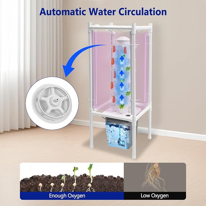 Hydroponic Tower Growing System Kits with LED Grow Lights 30 Pods Indoor Vertical Planter Germination Kit 6 Layers Hydroponic Tower for Fruits, Vegetables, Herbs, and Miniature Greens (Gray)