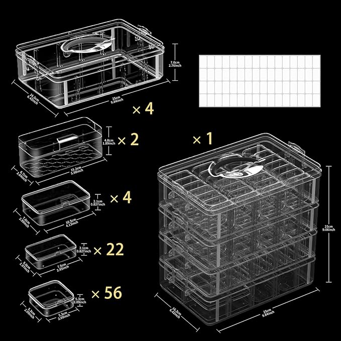 Bead Organizer Box, 84 Pcs Small Plastic Containers with Lids, 4-Tier Stackable Storage Box, Clear Organizers for Jewelry Toys Craft Storage
