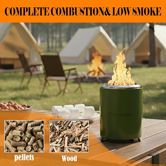 Portable Tabletop Fire Pit, VivaGarden Smokeless Table Top Fire Pit, Wood Burning & Pellets Outdoor Camping Stove with Carry Bag, Forks and Mat (9.7x7.1 Inch, Green)