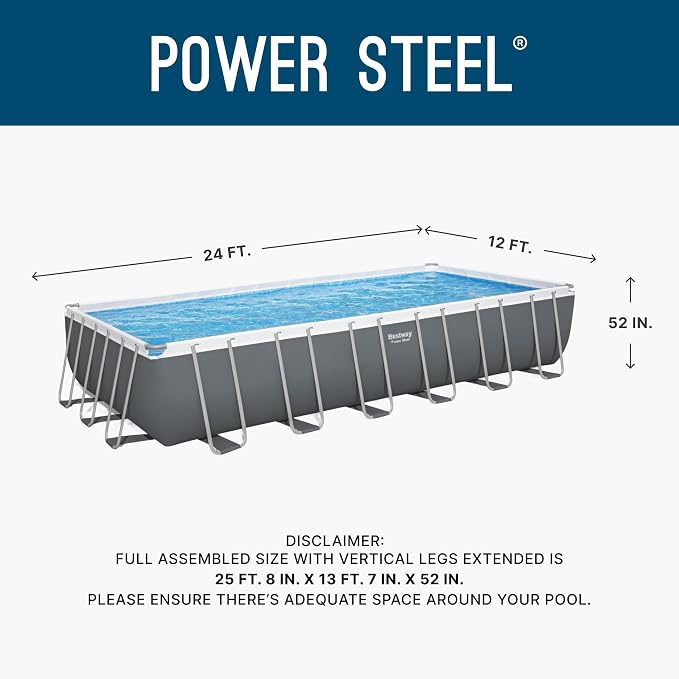 Bestway Power Steel 24’ x 12' x 52” Above Ground Pool with Sand Filter Pump | Durable Rectangular Metal Frame Outdoor Backyard Pool with Puncture-Resistant Liner - Ladder and Cover Included