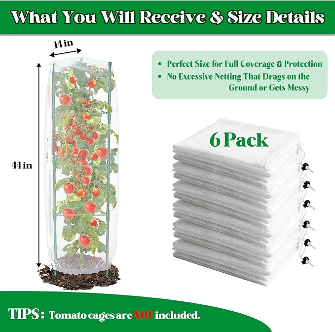 6 Pack Tomato Cage Netting Covers for Triangle Tomato Cages, 43" × 14.6" Fine Mesh Garden Netting with Easy-Access Zipper & Adjustable Drawstring, Durable Bird & Insect Barrier for Tomato Plants