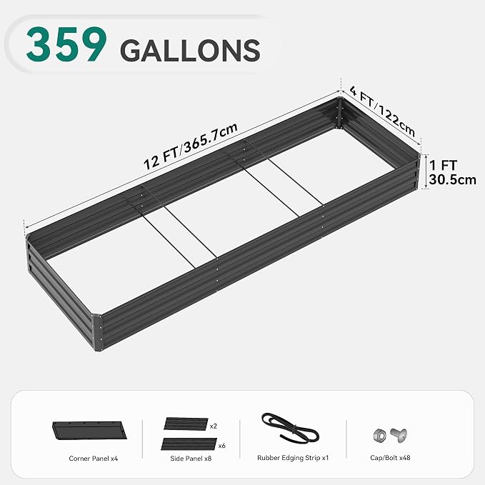 DWVO 2pcs 12 x 4 x 1 FT Raised Garden Bed Kit, Outdoor Galvanized Flower Bed with Safety Rubber and Gloves, Large Metal Planter Box for Vegetables, Flowers, Herbs, Fruits, Black
