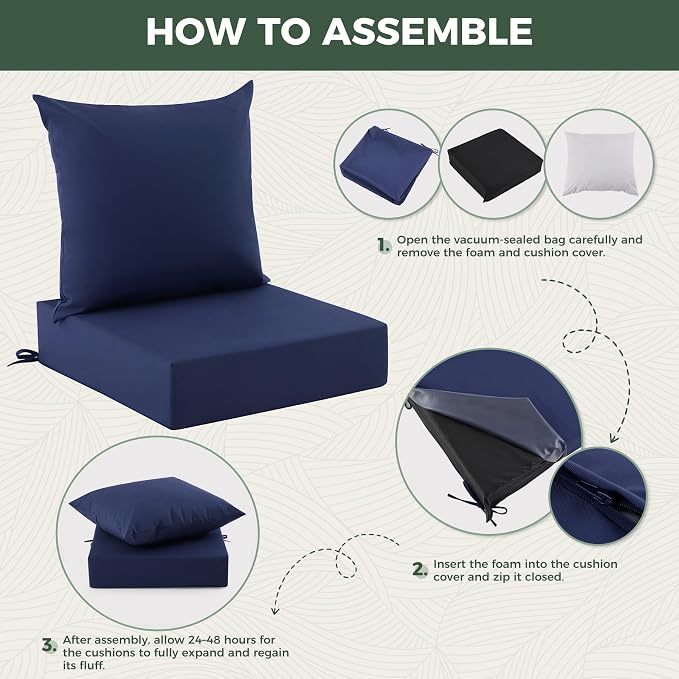 Outdoor Cushions for Patio Furniture, Outdoor Seat Cushion Set 24 x 24 x 5.75 in, Waterproof & Fade Resistant Outdoor Chair Cushions, Patio Cushion with Removable Cover, Set of 6, Navy Blue