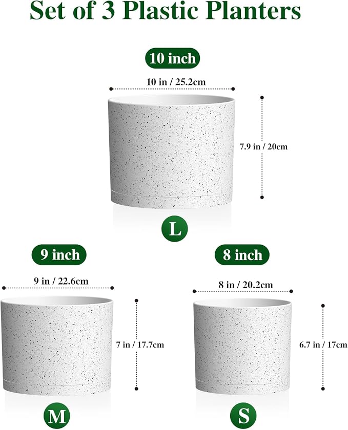 Plant Pots, 10/9/8 Inch 3 Pack Cylindrical Flower Pots with Drainage Holes and Saucers, Plastic Planters for Outdoor Indoor Plants,White with Black Speckles
