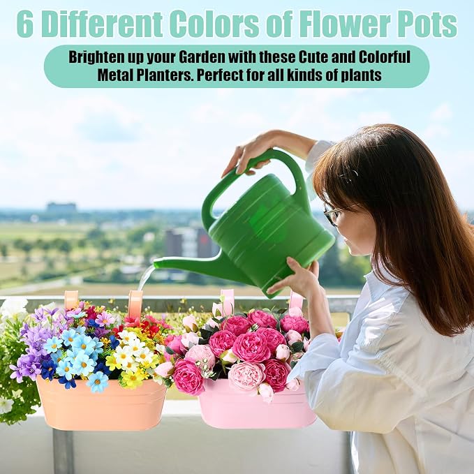 12 Pack Hanging Flower Pot Colorful Metal Iron Bucket Fence Hanging Planters with Detachable Hook Bucket Flower Holder for Railing Balcony Garden Yard Spring Decor (10.6X 5.5 x 4.7 in,Round)