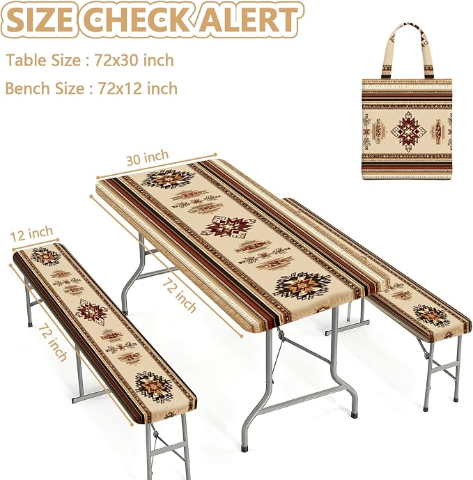 Picnic Table Cover with Bench Covers Elastic Edges, Outdoor Patio Camping Essentials 72 Inch 3PCS, Waterproof Camping Fitted Tablecloth with Handbags (Boho Tribal)