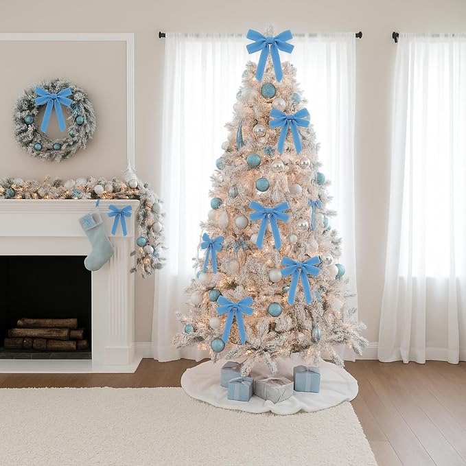 Soulchen 12 Pcs 20 Inches Christmas Garland Ties with Large Velvet Bows Reusable Holiday Wreath Twist Tie Bows for Banister Christmas Tree Indoor Outdoor Party Decorations (Blue)