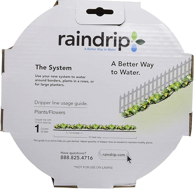 Raindrip R280DT Drip-A-Long1/4 in. Dripline Kit includes 50 feet of 1/4-Inch Dripline preassembled with 1/2 GPH drippers, 5 Barbed Tees, 5 Barbed Elbows, 5 Barbed Couplings, 5 End Plugs