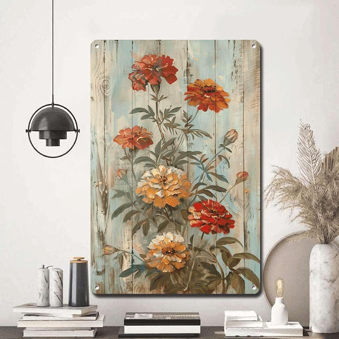 Metal Sign Tin Sign Vintage Wall Art Rustic Symbol Marigolds Tin Sign for Easy Installation Weather Resistant Design and Vintage Charm Boho Office Decor for Bar 6×8 Inches