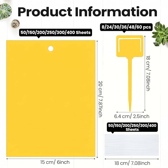 Qualirey 250 Pcs Yellow Sticky Traps for Gnats, 6 x 8 Inch Dual Sided Gnat Traps for Indoor Outdoor Plants, Fungus Gnat Sticky Cards for Fruit Flies Whiteflies Thrips, Twist Ties and Plastic Holders