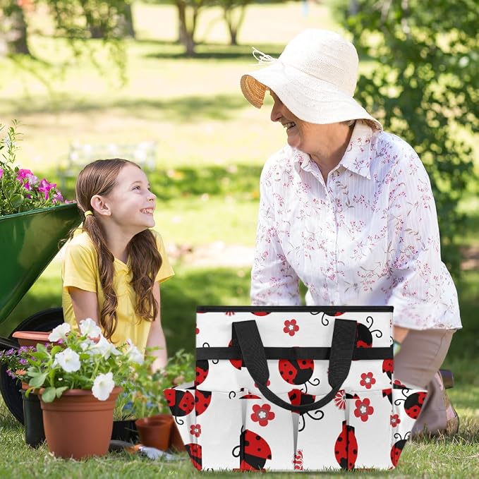 Ladybug Gardening Tool Bag,Heavy Duty Garden Tote Bag,Portable Oxford Flower Gardening Storage Basket Organizer Handbag with Pockets Handle,Hand Tools Gifts for Outdoor Garden Lawn Yard