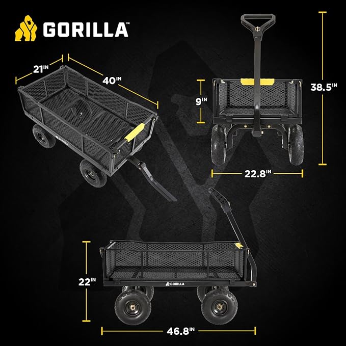 Gorilla Carts Steel Utility Cart, 4 Cu Ft Bed, 900 lb Load Capacity, Black – Towable Heavy-Duty Outdoor Hauling Wagon with Removable Side Panels for Yard, Lawn, Garden or Landscaping