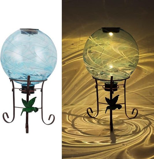 10 Inch Solar Glass Gazing Ball with 9.4" H Metal Stand | Solar Gazing Globe Lights Display Holder Set for Outdoor Garden Lawn Yard Decoration, Blue Water Ripple