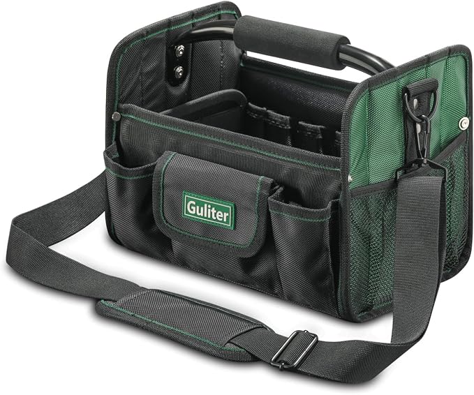 11 Inch Small Tool Bag, Open Top Tool Tote with Stainless Steel Handle and Adjustable Shoulder Strap,21 Pockets Electrician Tool Bags,Black/Green