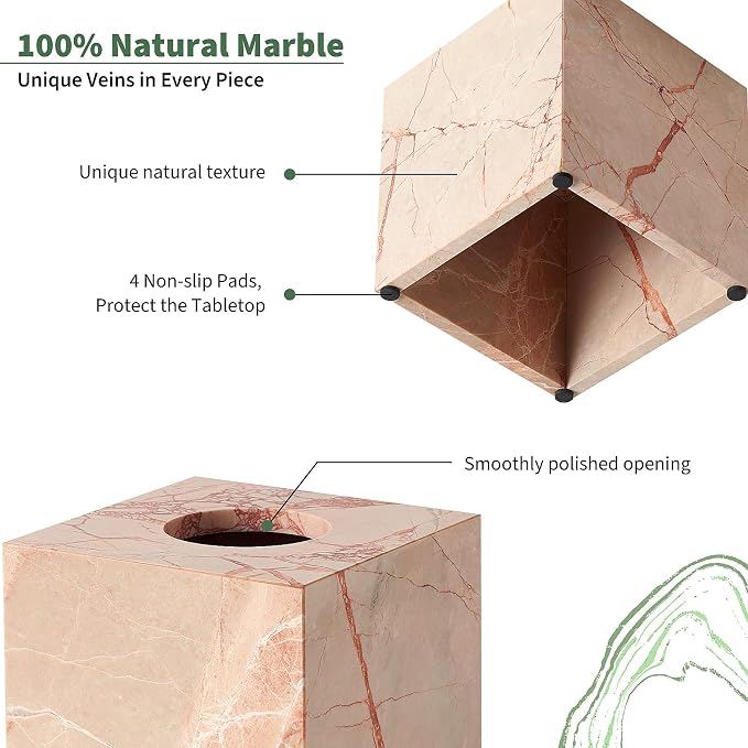 Real Natural Marble Tissue Box Cover, 5.5 Inch Square Marble Tissue Box Holder with Open Bottom, Heavy Stone Decorative Organizer for Bathroom Vanity, Kitchen Countertop, Luxury Home Décor