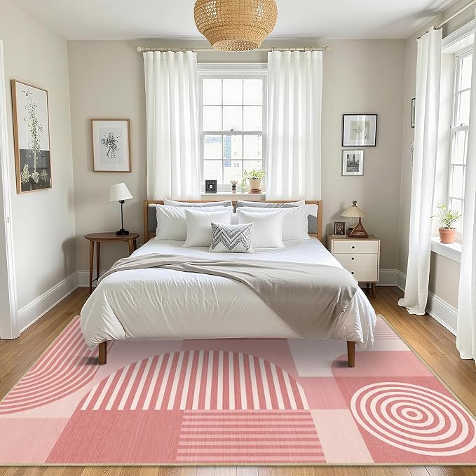 Area Rug 5x7 Pink Geometric Rug for Living Room Machine Washable Minimalist Line Mid Century Modern Rugs Non Slip Low Pile Large Dining Room Indoor Floor Carpet for Bedroom Kitchen Office,Pink