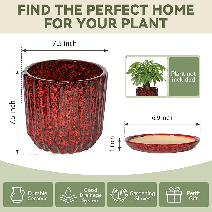 7.5 Inch Ceramic Planter Pot with Saucer Drainage Leak-Proof Mesh,Flower Pots for Indoor Plants with Gardening Gloves,Ceramic Planter(Spotted Red)
