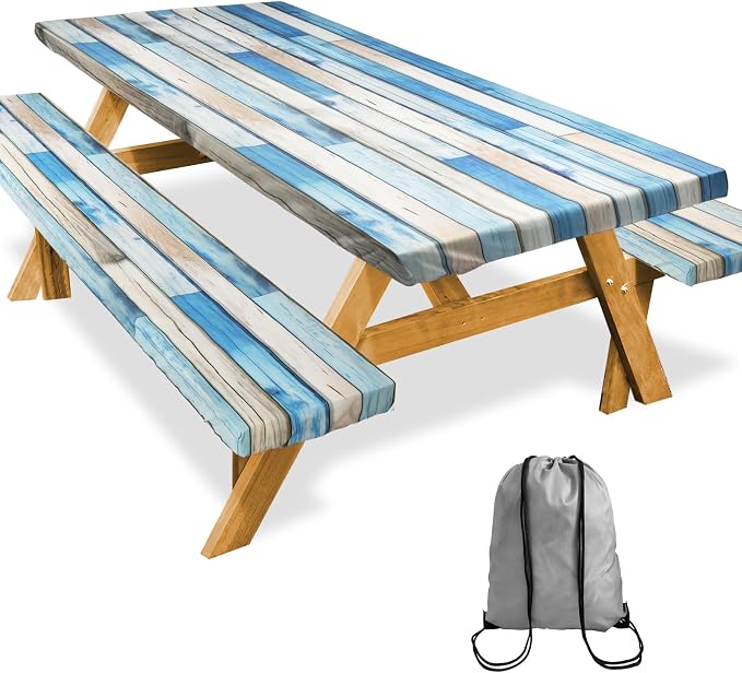 Picnic Table Cover with Bench Covers Camping Essentials Reusable Waterproof Windproof Camping Tablecloth Fitted Rectangle Tables and Seats, 72in, Blue White Wood