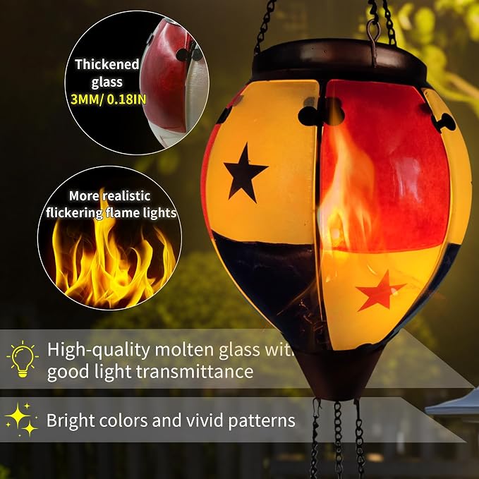 Glass Solar Hot Air Balloon Lantern with Flame Hanging Garden Flickering Light Outdoor Waterproof for Yard Patio Tree 4th of July Decorations, Flag-B