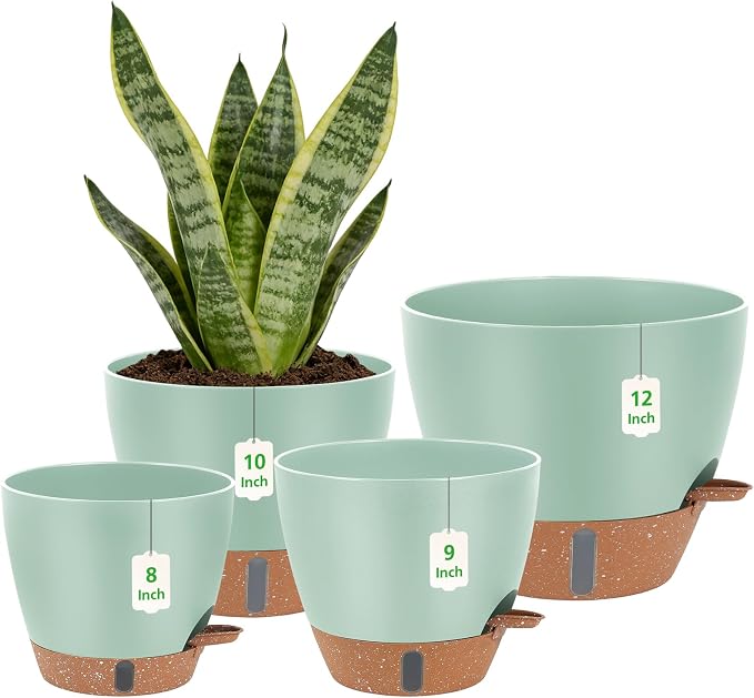 Self Watering Pots with Water Level Indicator, 12" 10" 9" 8" Large Plastic Flower Pots with Mesh Drainage Hole and Removable Saucer Reservoir for Indoor Outdoor Plants (Green)