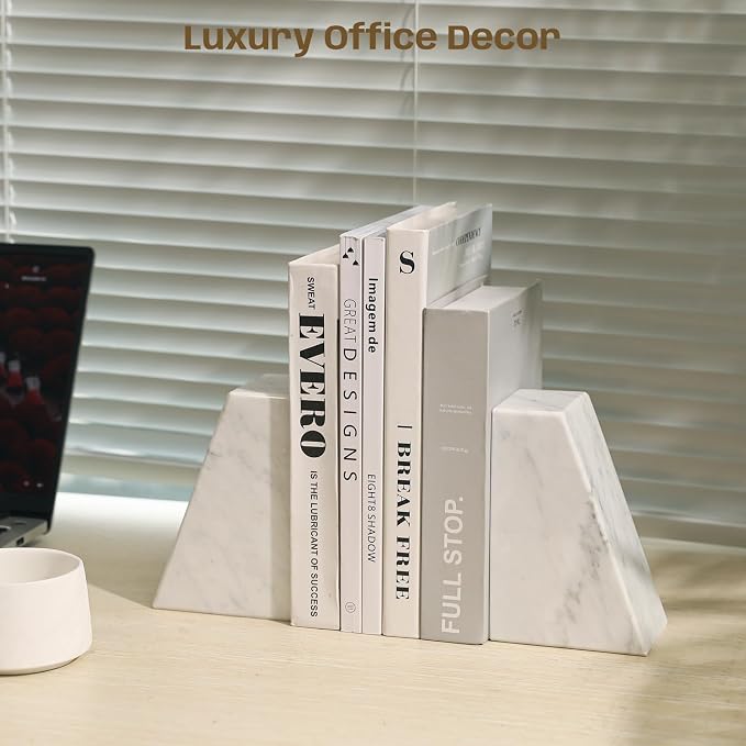Marble Bookends for Shelves, Decorative Book Ends, 10lbs Heavy-Duty Marble Book Holders, Stone Bookshelf Decor, Carrara White