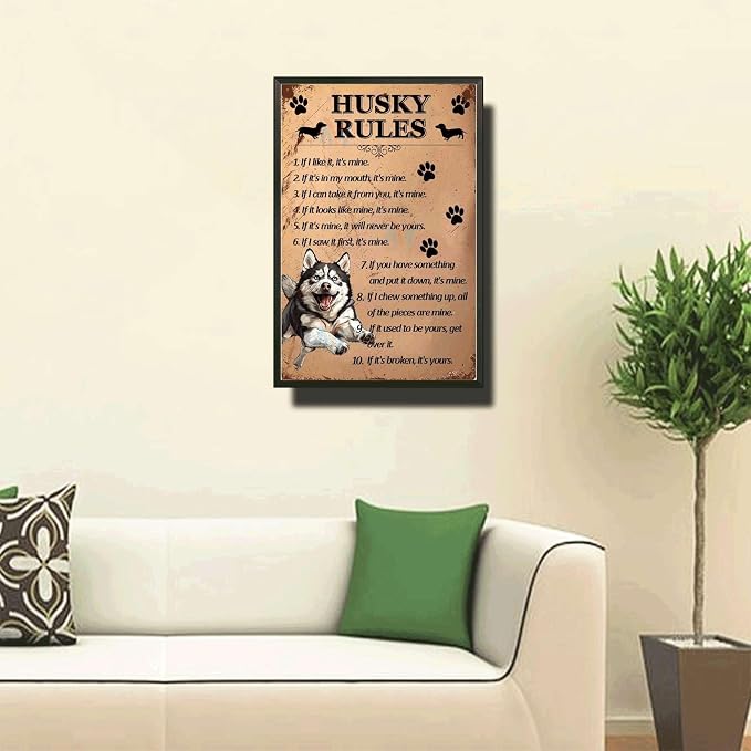 Metal Sign Tin Sign Vintage Wall Art Husky Rules Metal Sign for Home Decor 6×8 Inches with Metal Frame