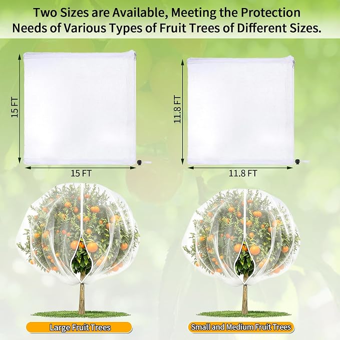 11.8×11.8FT Fruit Tree Netting with Zipper and Drawstring, Heavy Duty Garden Mesh Cover, Reusable Plant Protection Netting Against Birds, Squirrels, Cicadas and Insects