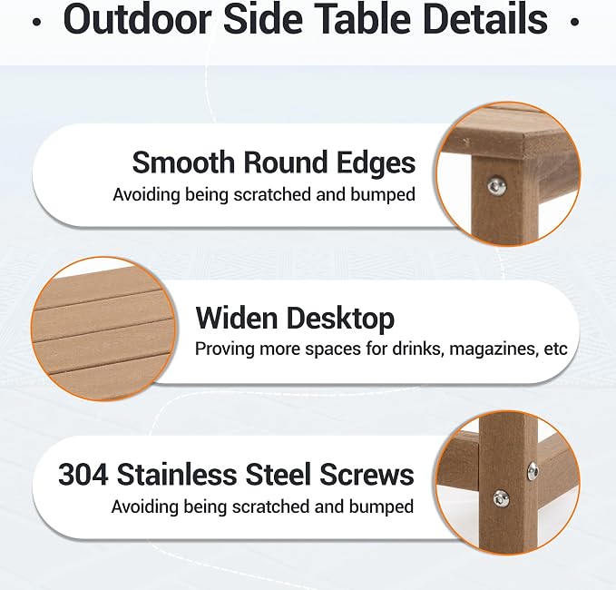 HDPE Patio Side End Table, Waterproof Outdoor Small Table for Patio, Garden, Poolside, Balcony, Deck, Porch, Backyard, Outdoor or Indoor Use, Brown