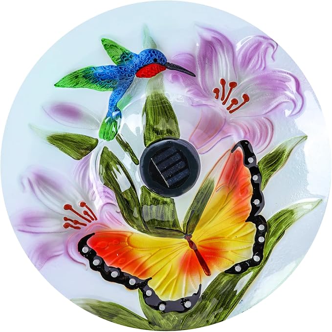 MUMTOP Glass Bird Baths for Outside, 16 Inch Width Outdoor Garden Hummingbird Butterfly Bird Bath Bowl with Solar Light and Metal Stand, Large Glass Birdbath Bird Feeder for Yard Decor, 20 Inch Height