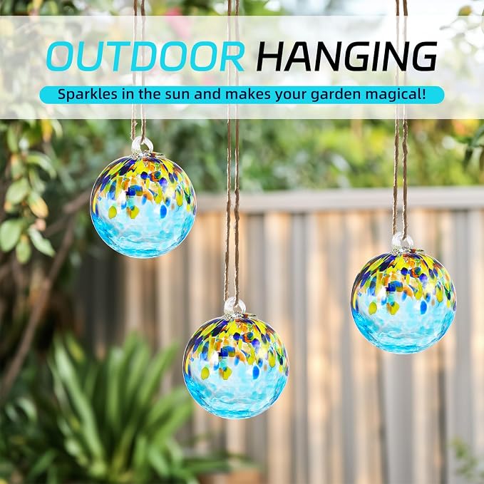VOREEN 4" Hanging Glass Garden Gazing Ball Hand Blown Glass Witch Ball Christmas Ornament Friendship Balls for Outdoor Garden Patio Window Home Décor, Gift for Mom Wife Friend, Blue Ocean