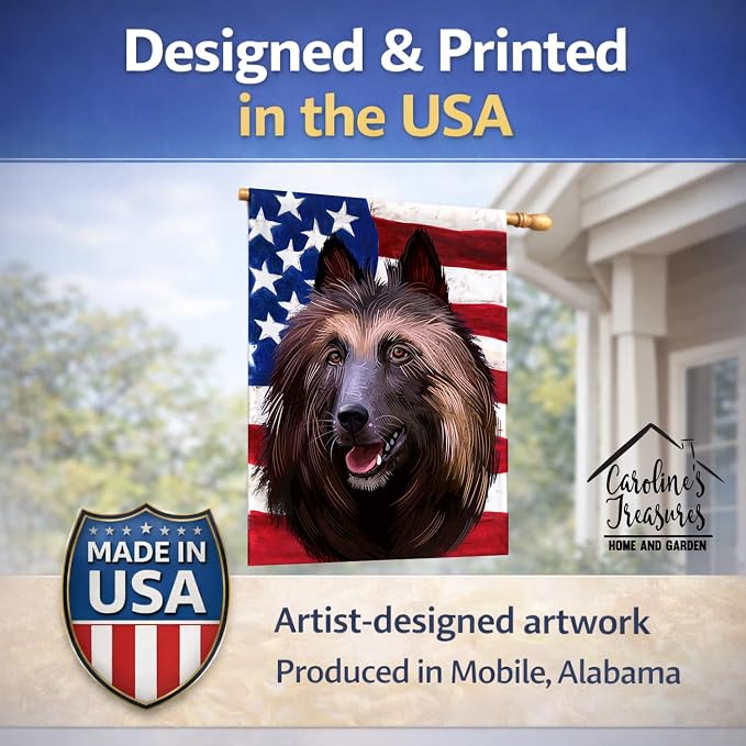 Caroline's Treasures CK6429CHF Belgian Tervuren American Flag House Flag Large Porch Sleeve Pole Decorative Outside Yard Banner Artwork Wall Hanging, Polyester, House Size, Multicolor