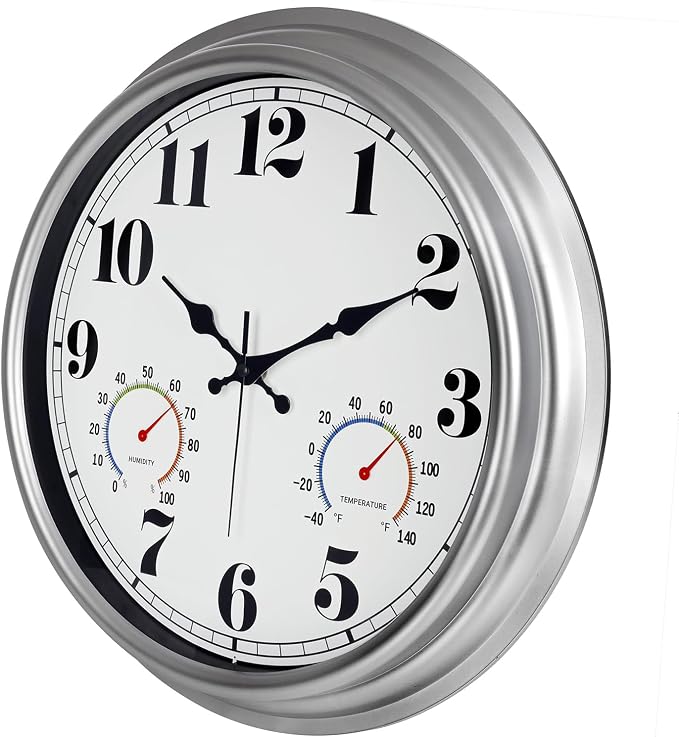 JENLYSTIME 16 Inch Silver Vintage Waterproof Indoor/Outdoor wall Clock with Thermometer & Hygrometer, Large Numerals & Silent Sweep Movement - Ideal for Porch, Garden, Pool