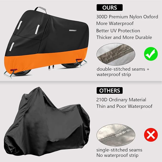 SECELES Motorcycle Covers Waterproof Outdoor Storage All Season UV-Resistant Funda para Moto for Honda Kawasaki Z900 RS Yamaha V-Star R3 R7, Windproof Buckles (XXL 86" x 37" x 50", Black & Orange)