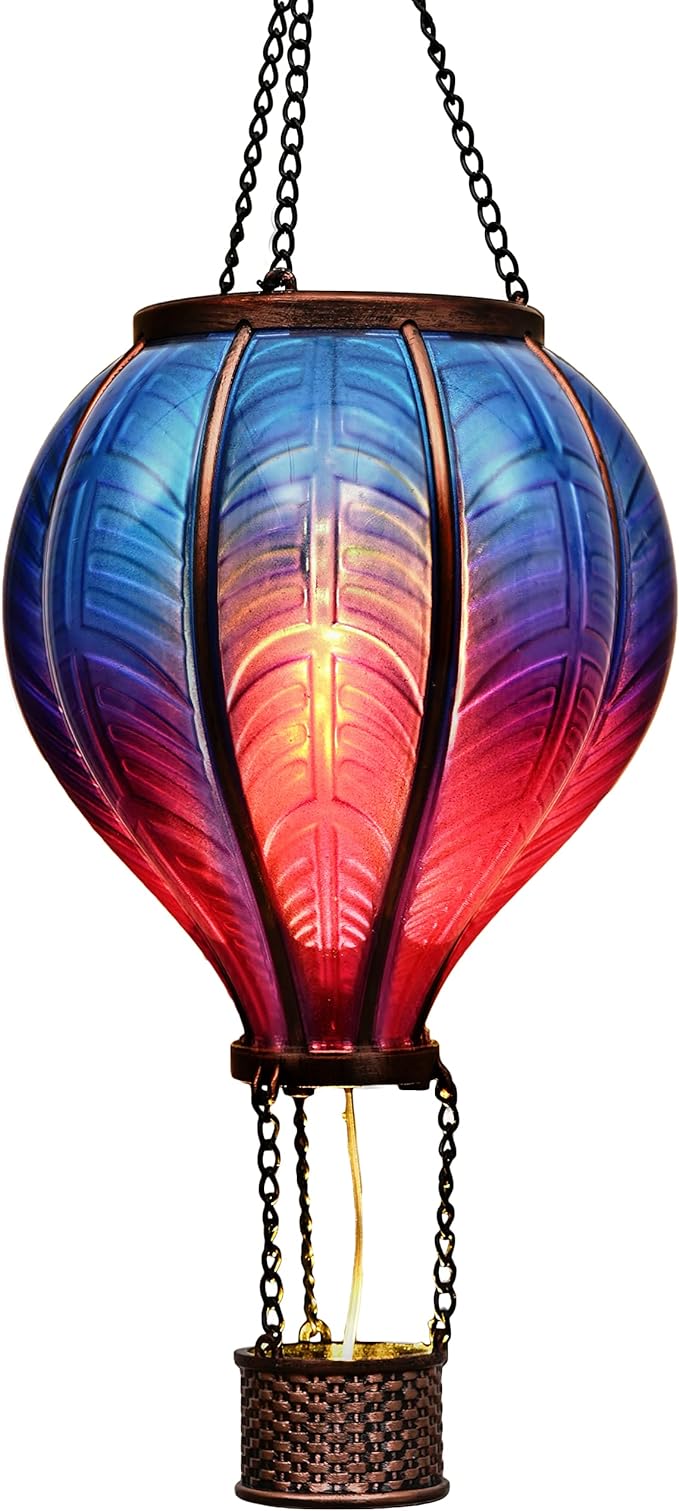 TERESA'S COLLECTIONS Hot Air Balloon Solar Lantern for Garden Decor, Flickering Flame Hanging Solar Light for Outdoor Decorations, Blue & Purple Plastic Lamp for Yard Tree Porch Party, Gift for Mom